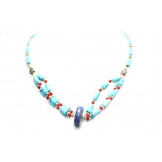Necklace 925 Sterling Silver beads blue lapis lazuli turquoise coral stone P 342